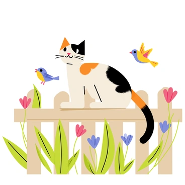 A calico cat with orange, black, and white patches is perched on a wooden garden fence. The cat has its tail curled and its ears perked up, displaying curiosity. Nearby, vibrant birds in shades of blue, yellow, and red are fluttering around, flying from one blooming flower to another. The scene is filled with green leaves and colorful blossoms, adding to the lively atmosphere of the garden.
