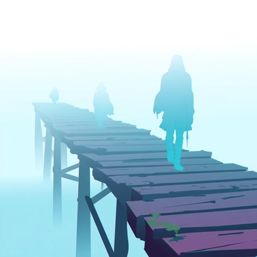 An old wooden pier extends into a thick blanket of fog, disappearing into the distance. The wood is weathered and slightly warped, with patches of moss growing in the cracks. Ghostly figures in tattered, ethereal clothing move silently along the pier, their features obscured by the mist. The atmosphere is thick with an eerie calm, and the faint sound of water lapping against the pier can be heard. The scene captures the haunting essence of the fog, enveloping the figures as they glide along the aged structure.