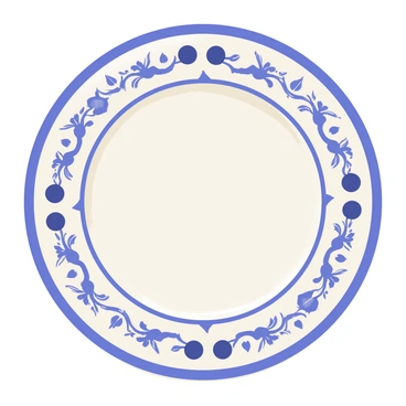 An antique ceramic plate with a circular shape and a glossy finish. The plate features a classic blue and white pattern, showcasing intricate floral designs and geometric shapes. The blue elements are vibrant and detailed, providing a striking contrast against the white background. The rim of the plate is slightly raised and decorated with a delicate blue line.