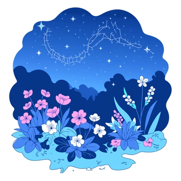A garden filled with vibrant flowers and lush greenery is illuminated under a night sky. The sky is a deep blue, dotted with bright stars that form intricate constellations, creating shapes such as dragons and mythical creatures. The flowers in the garden are various colors, with their petals opening wide, contrasting beautifully against the blue background. Soft shadows are cast on the ground, accentuating the shapes of the plants under the celestial display. A gentle breeze rustles the leaves, adding to the serene atmosphere of the garden.