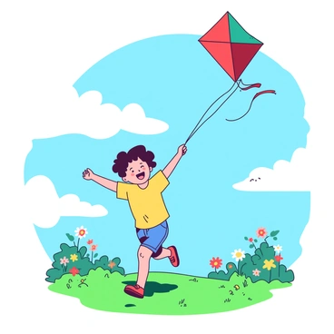A blue sky is filled with fluffy white clouds as a small child runs joyfully across a green grassy field. The child is wearing a bright yellow t-shirt and denim shorts. In their hands, they are holding a vibrant red and teal kite that soars high above, dancing with the wind. The kite's tail flutters behind it, adding a playful touch to the scene. Surrounding the child are patches of colorful wildflowers swaying gently in the breeze, completing this lively outdoor setting.