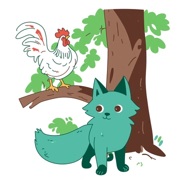 A teal fox with bright eyes is standing quietly behind a thick brown tree trunk, its ears perked up. The fox is attentively listening to a white rooster perched on a low branch above. The rooster is confidently singing, its feathers ruffled in vibrant detail. Sunlight filters through the leaves, casting dappled shadows on the forest floor. The fox's bushy tail curls gently behind it, while the rooster's colorful plumage stands out vividly against the earthy tones of the tree and ground.