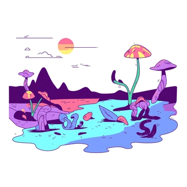 A vibrant alien landscape stretches across the scene, dotted with unusual plants that have spiraling, tentacle-like structures. The plants vary in shape and size, some resembling large, colorful mushrooms while others have long, slender stalks with glowing tips. In the sky above, two suns shine brightly, one a deep orange and the other a soft yellow, casting different shadows across the terrain. The ground is covered in an iridescent blue surface that reflects the light from the suns, creating a surreal atmosphere. A few unusual rock formations rise in the distance, adding to the otherworldly feel of the environment.