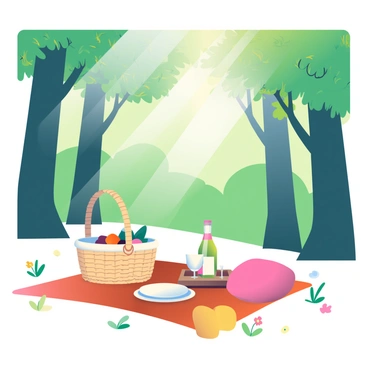 A lush, enchanting forest clearing is surrounded by tall, green trees with sunlight streaming through the leaves, creating dappled shadows on the ground. In the center of the clearing, there is a small picnic set arranged on an earthy-toned rug. The picnic includes a woven basket filled with fresh fruits, a bottle of sparkling beverage, and two matching plates. Nearby, there are two plush cushions in warm colors for seating, and a small wooden tray holding two glasses. Delicate wildflowers in various hues are scattered around the rug, enhancing the natural beauty of the setting.