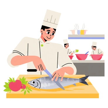 A chef with a white uniform and a tall chef's hat is carefully removing bones from a freshly caught fish on a wooden cutting board. The fish is silver with shimmering scales, and the chef is using a sharp knife, demonstrating precise technique. Surrounding the chef are various vegetables like bright red peppers and green herbs, adding color to the scene. In the background, there are pots bubbling on the stove and other cooks busy preparing different dishes, creating a lively atmosphere in the bustling kitchen.
