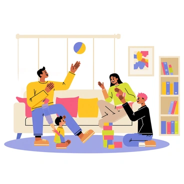 A cozy living room with warm lighting, featuring two parents playing with their two children. The father is tossing a soft, colorful ball to the youngest child, who is laughing with excitement. The mother is sitting on the floor, clapping her hands and encouraging the older child as they build a tower with colorful blocks. Plush toys and cushions are scattered around, adding to the homely atmosphere. A family photo hangs on the wall, capturing a happy moment, and a small bookshelf filled with children’s books is in the corner.