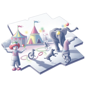 A jigsaw puzzle piece featuring a lively circus scene. In the foreground, a clown with a big red nose is juggling colorful balls. Next to him, an acrobat performs a handstand on a unicycle, showcasing balance and agility. In the background, a majestic elephant is standing on its hind legs, while a group of playful dogs is leaping through hoops. Colorful tents can be seen in the middle ground, with flags fluttering at the top. The entire scene is filled with dynamic movements and joyful expressions, capturing the excitement of the circus.