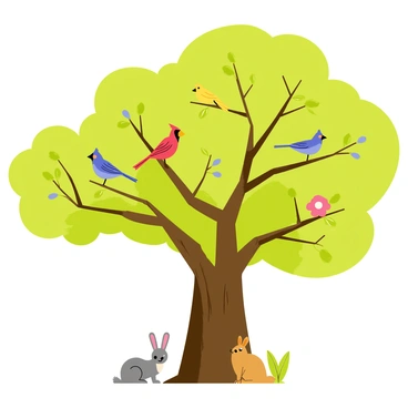 A large, leafy green tree with a thick trunk and a broad canopy. Various species of birds are perched on the branches, including a bright red cardinal, a yellow canary, and a blue jay. In addition, small mammals like a gray squirrel and a brown rabbit can be seen among the branches and near the base of the tree. The tree is filled with vibrant green leaves, and some branches are adorned with colorful flowers. The scene captures the diversity of life coexisting within the tree.