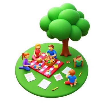 A picnic setup on a green grass field with a large, shady tree providing shade. A family is sitting on a colorful picnic blanket, sharing a basket filled with fruits, sandwiches, and drinks. Nearby, children are drawing with crayons on sheets of paper spread out on the blanket. The scene captures expressions of joy and togetherness, with vibrant colors from the picnic items and the greenery surrounding them. ""Picnic time"" is written in fun letters, adding to the festive atmosphere.