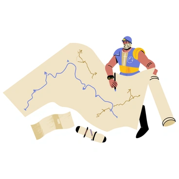 A warrior with a rugged appearance is focused on a large beige parchment spread out in front of him. The parchment features detailed illustrations of "mountains" with sharp peaks and "rivers" winding through the terrain. The warrior has a weathered face, adorned with a helmet and intricate armor, as he uses a quill to mark points on the map. In the background, there are additional rolled-up maps and a compass, suggesting an environment of exploration and strategy.