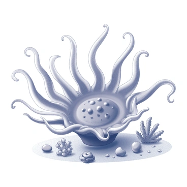 A detailed depiction of an anemone with its flowing tentacles radiating from a central base. The tentacles exhibit varied lengths and curves, creating a dynamic sense of movement. The central portion of the anemone is bulbous and textured, with a range of surface details adding depth. The surrounding area features several smaller marine elements, such as pebbles and fragments of coral, enhancing the underwater setting. The anemone is positioned in a way that showcases its natural beauty and intricate structure.