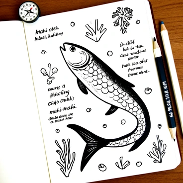 A detailed sketch of a "mahi-mahi" showcased in a naturalist's notebook, featuring the fish's elongated body and distinctive dorsal fin. The sketch includes intricate patterns on the scales, with fine lines representing the contours and texture of the skin. The notebook page is filled with handwritten notes describing the "mahi-mahi," along with botanical illustrations surrounding the fish, such as seaweed and coral. A compass is placed in the corner of the page, next to a pencil used for sketching.
