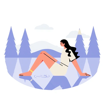 A girl sitting in a relaxed pose on the edge of a calm lake. She has long flowing hair and is wearing a light blue dress. The lake reflects the surrounding trees and sky, creating a mirror-like effect on the water. Small ripples can be seen near her feet, indicating a gentle breeze. The scene conveys a peaceful atmosphere, with soft colors and clear reflections.