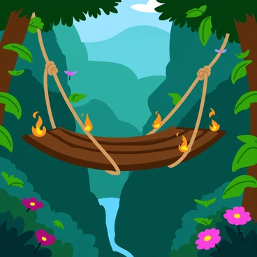 A rickety rope bridge in a dense jungle, with small fires catching on the ropes