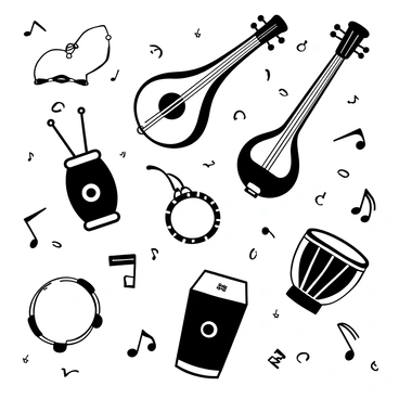 A collection of various musical instruments arranged neatly on an educational poster. The instruments include a sitar, a djembe, a didgeridoo, a tambourine, and a marimba, each displayed with labeled names. The background features musical notes scattered throughout, enhancing the theme of music. Each instrument is depicted with intricate details, showcasing the unique designs and textures representative of their respective cultures.