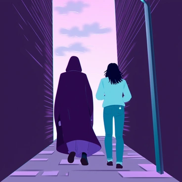 A shadowy figure with indistinct features, cloaked in a flowing dark garment, is silently trailing behind a person walking in a dimly lit alley. The alley is narrow, flanked by brick walls that absorb the fading light of dusk. The figure maintains a distance, almost merging with the shadows cast by a flickering street lamp. The person in front, wearing a light-colored jacket and jeans, appears unaware of the presence behind them, as they stroll along the uneven cobblestone pavement. Soft hues of purple and orange fill the sky, creating an atmospheric backdrop for the scene.