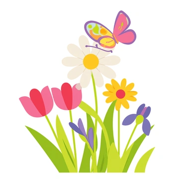 A butterfly with colorful wings is landing on a white daisy with a yellow center. The daisy stands tall among a variety of other flowers in a vibrant flower garden. The background is filled with pink tulips, purple irises, and yellow sunflowers, creating a lively and colorful scene. Green leaves and stems surround the flowers, enhancing the garden's lush appearance.