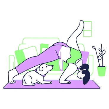 A person is performing a side plank exercise on a yoga mat in a cozy living room. The person is balancing on their side, propping themselves up with their elbow, while their legs are extended straight. They are wearing comfortable workout attire, which includes a fitted tank top and leggings. Nearby, a curious dog, a small breed with floppy ears, is sitting on the floor with its head cocked to one side, watching the person intently. A few cushions and a potted plant are visible in the background, adding to the homey atmosphere of the scene.