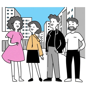 A group of four friends stands together on a bustling city street. One friend, a woman with curly hair, wears a bright red Issey Miyake dress that billows slightly in the wind. Next to her, a man with short hair is dressed in a structured black Issey Miyake jacket paired with loose-fitting gray trousers. Another woman, with long straight hair, showcases a unique orange Issey Miyake top with intricate folds, matched with a sleek black skirt. The last friend, a man with a beard, sports a minimalist white Issey Miyake shirt and dark jeans. The background features tall city buildings and a clear blue sky, capturing the vibrancy of urban life.