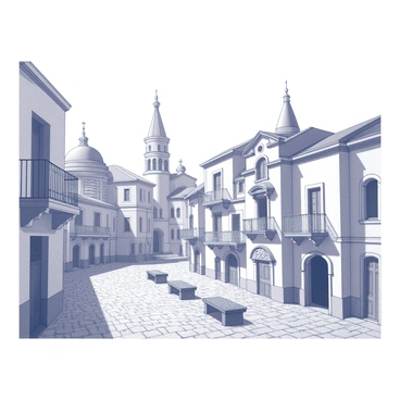 A view of Marseille's old city showcasing its intricate and historical architecture. The foreground features narrow cobblestone streets lined with ancient buildings. Each structure boasts unique designs, such as ornate balconies and decorative facades. Tall, arched windows are present, along with doorways featuring intricate carvings. The skyline is punctuated by domes and steeples rising above the buildings, reflecting the city’s rich history. Scattered throughout the scene are small plazas with benches and stone pathways, inviting pedestrians to explore the historic surroundings.