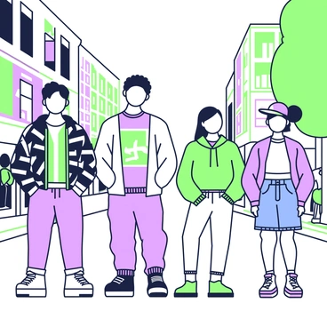 A vibrant street scene with young fashion enthusiasts showcasing colorful streetwear