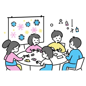 A group of children sitting around a table, engaged in an art lesson. Each child is focused on crafting paper snowflakes, using colorful patterned paper. Some children are using scissors to carefully cut intricate designs, while others are folding sheets of paper in preparation for cutting. The table is scattered with various snowflake creations, glue sticks, and markers. A large poster on the wall depicts different snowflake shapes, providing inspiration for the young artists. The environment is bright and inviting, filled with winter-themed decorations.