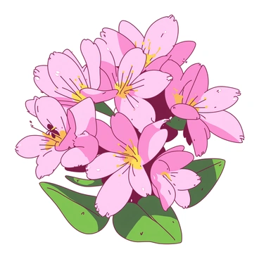 A close-up of pink mayflowers with delicate petals, showcasing their intricate details. The flowers are clustered together, surrounded by vibrant green leaves that highlight their soft hues. Tiny droplets of dew can be seen resting on the petals, reflecting light. The overall scene captures the essence of spring, with hints of yellow sunshine illuminating the flowers. The air appears to shimmer with freshness as the mayflowers exude their fragrant aroma, inviting bees and butterflies to the bloom.