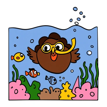 A cartoon turkey with brown feathers and a red wattle is wearing a bright yellow snorkel and swimming underwater. The turkey has big eyes and a curious expression, surrounded by a variety of colorful fish, including a blue tang, a clownfish, and a yellow butterflyfish. The background is filled with vibrant coral formations and bubbles rising towards the surface, creating a lively underwater scene.