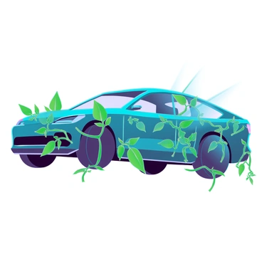 An outline of a sleek car that seamlessly merges with natural elements. The contours of the car are interwoven with vibrant green leaves and twisting vines. Some leaves are overlapping the edges of the car, creating a camouflage effect. Vines extend from the bottom of the car, wrapping around the wheels and connecting to the ground. Sunlight filters through the foliage, casting dappled shadows on the car's surface, enhancing the integration of the mechanical and the organic. The overall composition conveys a harmonious relationship between technology and nature.