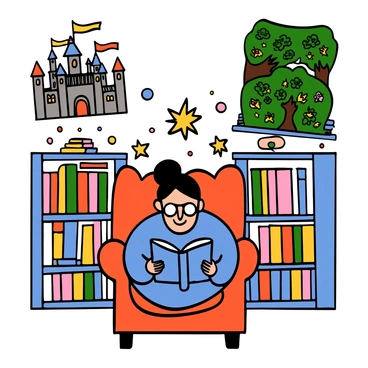 A book reader with scenes from the story illustrated around them, mixing realism and fantasy