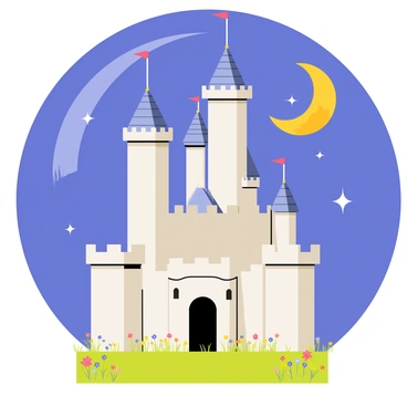A large crescent moon in a deep blue sky, shining brightly above a tall, majestic castle. The castle features numerous towers, each topped with flags fluttering in the gentle breeze. The walls of the castle are a soft gray stone, illuminated by the moonlight, creating shadows along the structure. Soft beams of light radiate from the crescent moon, casting an ethereal glow around the castle's turrets and over a surrounding meadow dotted with wildflowers.