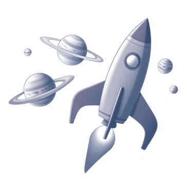 A monochrome drawing of a vintage-style space travel poster from the 1950s. The central focus is a sleek rocket, depicted in a dynamic upward trajectory. The rocket features classic design elements such as fins and a pointed nose cone. In the background, several distant planets are illustrated, each with unique textures and details, showcasing craters and rings. The composition emphasizes a sense of adventure and exploration in outer space. The overall design features bold lines and geometric shapes typical of the era.