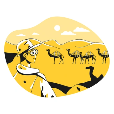 A desert landscape with rolling sand dunes under a bright sky. In the foreground, an explorer wearing dusty glasses looks out at a camel caravan moving across the horizon. The caravan consists of several camels, each laden with colorful fabric bundles on their backs. The explorer is dressed in a light-colored outfit, with a wide-brimmed hat shielding him from the sun. The view through the glasses shows the caravan slightly out of focus, enhancing the sense of distance and heat in the scene.