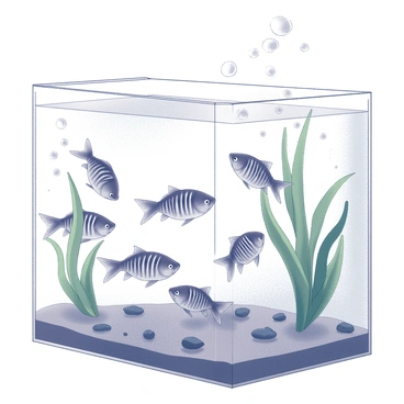 A group of zebrafish swimming in an aquarium tank. The tank is well-lit, showcasing the fish's distinctive horizontal stripes. The zebrafish are in various positions, some swimming near the surface while others are mid-water. There are aquatic plants creating a natural habitat, with tall green plants swaying gently. Small pebbles are at the bottom of the tank, providing texture to the scene. Bubbles rise from a filter, adding movement to the water.