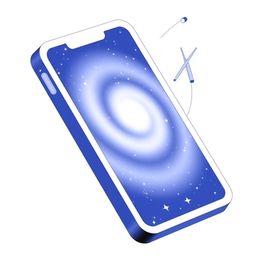 A 3D smartphone is positioned upright, displaying a swirling galaxy on its screen. The galaxy is detailed with a spiral structure, surrounded by tiny stars scattered throughout. Silvery comets with long tails can be seen zipping through the space within the screen. The edges of the phone are sleek and modern, contrasting with the vibrant cosmic scene. The background is neutral, emphasizing the phone and its dynamic display.