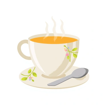 A delicate china teacup with a glossy white surface is adorned with intricate floral patterns in soft pastel colors. The teacup is filled with steaming herbal tea, creating gentle wisps of steam rising from the surface. The teacup rests on a small, matching saucer that features the same floral design. A silver teaspoon is placed beside the teacup, reflecting light with a polished shine.