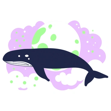A giant whale is swimming gracefully through the sky. Its massive body is silhouetted against a large, bright full moon, which casts a soft glow around it. The whale's fins are outstretched as it glides effortlessly, leaving a subtle trail of stars in its wake. Below, fluffy clouds are illuminated by the moonlight, creating a whimsical atmosphere. The scene captures the contrast between the whale's dark silhouette and the luminous moon, enhancing the sense of wonder in the image.