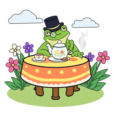 A refined green frog sitting at a small round table adorned with a colorful tablecloth. The frog wears a tiny top hat and a monocle, giving it an elegant appearance. In front of the frog, there is a delicate porcelain teapot with floral designs, alongside two matching cups resting on saucers. Steam rises from the teapot, and a few small pastries are arranged on a plate beside the frog. Surrounding the table are vibrant flowers in bloom, creating a cheerful atmosphere. The scene is set outdoors under a sunny sky with a few fluffy clouds.