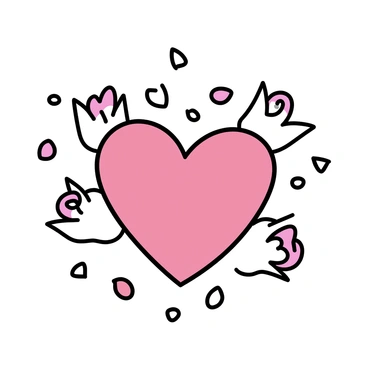 A realistic red heart, anatomically correct, placed in the center of the image. Surrounding the heart are delicate pink and white roses, their petals softly unfurling. Scattered around the heart are small, gentle rose petals in shades of pink, white, and red, creating a harmonious composition that emphasizes the theme of love.
