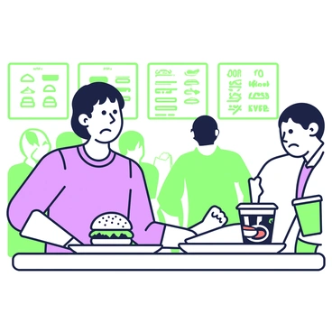 A person is standing at a fast food counter, looking at a single burger placed on a tray. The burger has a sesame seed bun, a juicy patty, and is garnished with lettuce and tomato. The person's expression shows concern and disapproval, as they furrow their brow and tilt their head slightly. In the background, there are bright menus displaying various fast food items, and a soda cup sits on the counter beside the tray. The atmosphere is busy, with other customers in line, but the person’s focus is solely on the burger, emphasizing their assumption about fast food being unhealthy.