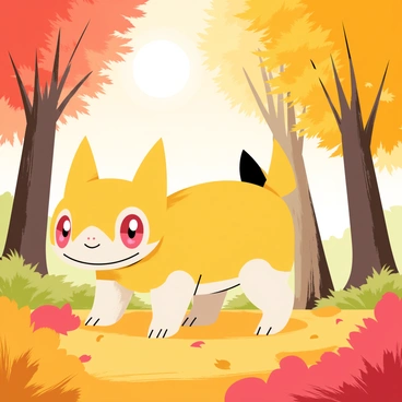 A Pokémon with large, expressive eyes and distinct features is wandering through an autumn forest. The Pokémon has a bright color palette that contrasts with the surrounding scenery. The forest is filled with trees that have leaves in vibrant hues of red, orange, and yellow. Some leaves are gently falling to the ground, creating a colorful carpet of foliage. Sunlight filters through the branches, casting warm, golden rays onto the Pokémon as it explores its environment.