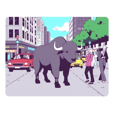 A gray buffalo stands confidently in the middle of a busy city street, surrounded by tall buildings and bustling activity. The buffalo's massive body contrasts with the smaller, colorful cars driving past. Pedestrians in various outfits are seen curiously watching the buffalo, while some take pictures on their smartphones. Streetlights and shop signs filled with bright lights illuminate the scene, creating a lively urban atmosphere. The ground is paved with gray asphalt, and there are hints of green from nearby trees lining the street.