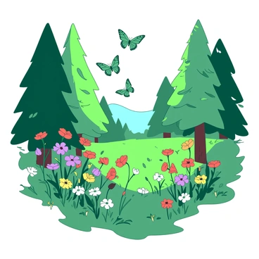 A hidden meadow is surrounded by tall green trees that create a natural frame. The meadow is filled with vibrant wildflowers showcasing various colors, including patches of red, yellow, and purple blooms. Delicate butterflies flutter above the flowers, showcasing beautiful patterns on their wings. Sunlight filters through the leaves of the surrounding trees, casting dappled shadows onto the soft grass below. The scene exudes a sense of tranquility and natural beauty.
