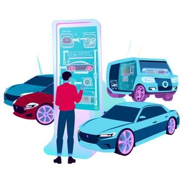 A customer with medium skin and short curly hair is standing in front of a sleek, futuristic interactive kiosk. The kiosk has a bright touchscreen displaying various car models and features in vivid colors. The customer is intently tapping on the screen, examining features such as advanced safety technology, fuel efficiency stats, and interior design options. Surrounding the kiosk, there are several stylish cars showcased with glossy finishes and futuristic designs. The setting is a modern car dealership with sleek lines and ambient lighting, enhancing the overall technology-driven atmosphere.