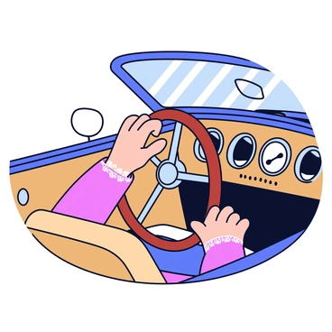 An elegantly gloved hand, adorned with a delicate lace glove, grips the wooden steering wheel of a classic convertible car. The steering wheel is polished and has a smooth finish, showcasing the craftsmanship of vintage design. The hand is positioned at the 10 o'clock position, with fingers gently curled around the wheel. The interior of the car features plush leather seats in a rich tan color, and sunlight streams in through the open roof, casting soft shadows across the dashboard.