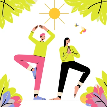 A couple practicing yoga together in a vibrant garden filled with colorful flowers and green shrubs. The man is in a tree pose, standing on one leg with his other foot resting on his inner thigh, arms raised overhead. The woman is in a warrior pose, with one leg extended backward and the other bent forward, arms outstretched parallel to the ground. The sun shines down, creating dappled light through the leaves above them, highlighting their focused expressions. A few butterflies and birds are fluttering around, adding life to the scene.