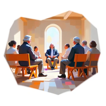 Benjamin Franklin, a middle-aged man with light skin and a thoughtful expression, is seated among a small group of people in a simple wooden meeting house. He is wearing a period-appropriate dark coat and a white shirt with a high collar. The interior features wooden benches arranged in a circle around a center space where a few individuals are quietly speaking. Sunlight filters through the small windows, illuminating the dust motes in the air. The walls of the meeting house are plain and unadorned, emphasizing the simplicity of the Quaker gathering. Some attendees are nodding in agreement, while others appear to be in quiet reflection.