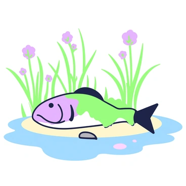 A dead fish lies on the smooth, sandy bottom of a tranquil pond. The fish is partially covered with green algae, showing signs of natural decomposition. Surrounding the fish, there are delicate green water plants reaching upward, their long stems swaying gently in the water. Tiny purple flowers bloom among the plants, adding subtle details to the scene. Sunlight filters through the surface of the water, casting soft shadows and creating a serene atmosphere. A few small stones are scattered on the pond bed, partially covered by the aquatic vegetation.