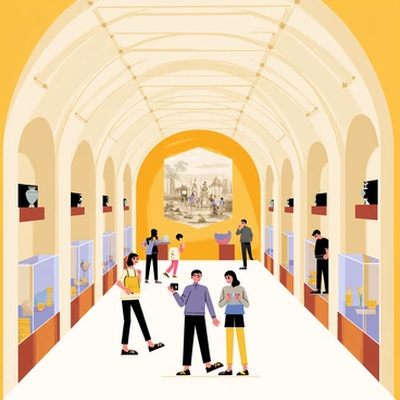 The interior of a heritage museum features tall, arched ceilings with intricate moldings. The walls are adorned with various ancient artifacts displayed in glass cases. There are wooden displays holding intricate pottery and bronze sculptures. In the center, a large, detailed mural depicts historical scenes related to the artifacts. Soft lighting highlights each exhibit, creating a warm atmosphere. Visitors can be seen observing the displays, some taking notes or using cameras to capture memories.