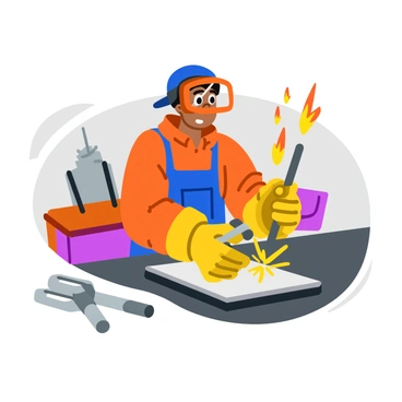 A welder in protective gear is using metallic tools to join pieces of metal. Bright orange and yellow sparks are flying from the friction generated as the metal tools come into contact with the surface. The welder is focused on their work, with a determined expression on their face. The background features shadows and hints of other tools scattered around the workspace, adding to the industrial atmosphere. The scene conveys a sense of energy and movement through the vibrant display of flying sparks.